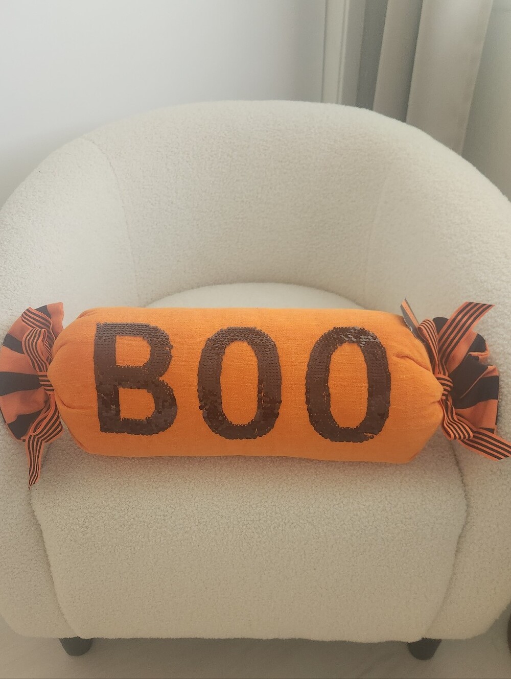 Halloween BOO Orange  Bolster Pillow Sequin Black To Silver Wrapped Candy